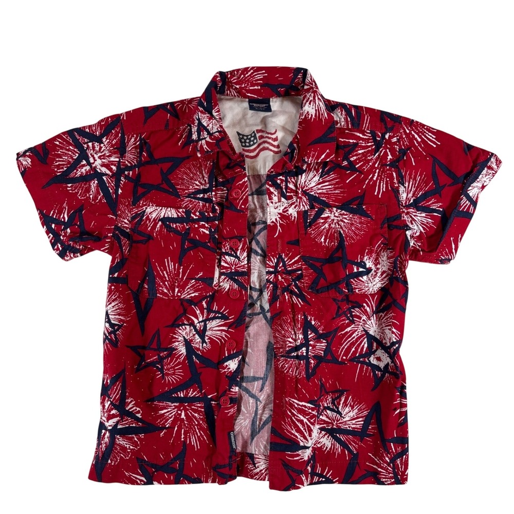 OshKosh B'gosh Kids 4T Patriotic Stars Fireworks Button Up Shirt Red White Blue